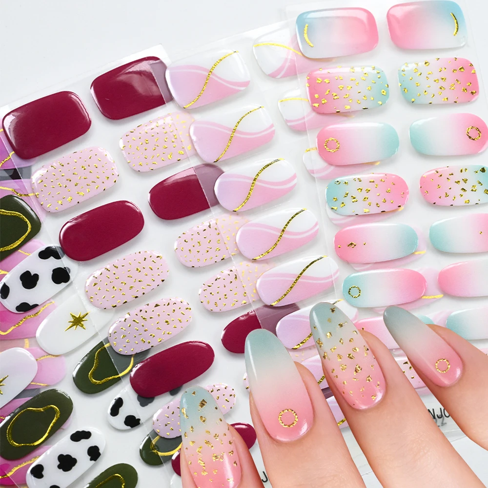 16tips Gradient Pink Blue Gold Leaf Gel Nail Stickers Semi-Cured Golden Lines Gel Nail Polish Wraps Full Cover Gel Sticker Nails