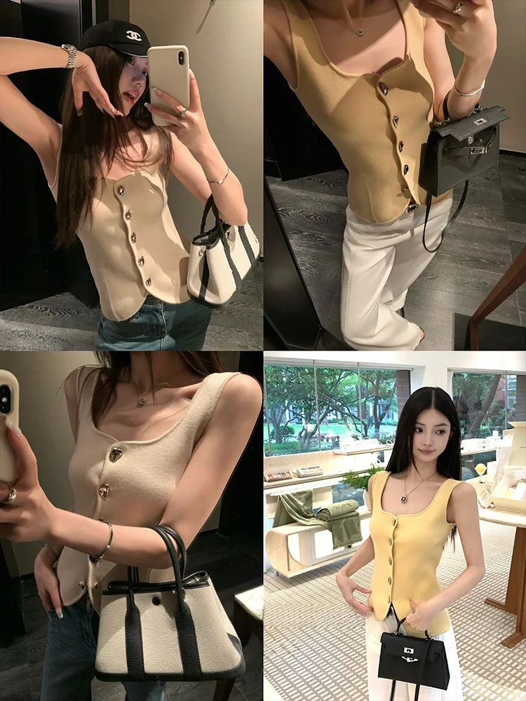 

Slim Fit Knitted Vest Women's Summer Faion Original Design Square Collar Svel Outerwear Single Button Versatile Top
