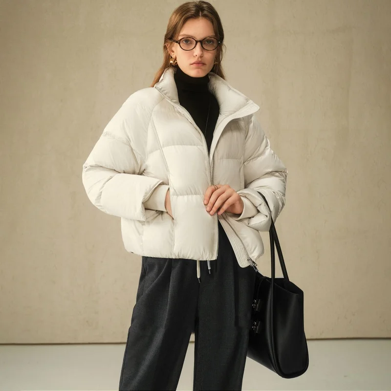 2025, Winter, neue Damen-Stehkragen, Satin, dick, warm, Daunenjacke, Y2K, hochwertige Mode, lässig, weiße Entendaunen-Schneejacke