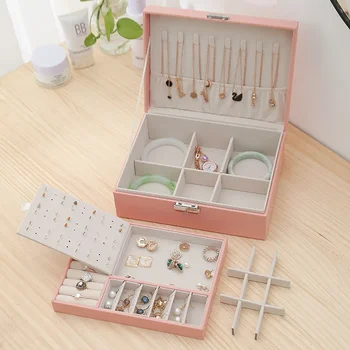 Two-layer leather jewelry box earring ring necklace storage organizers portable lid cover boxes with lock for women girls gift