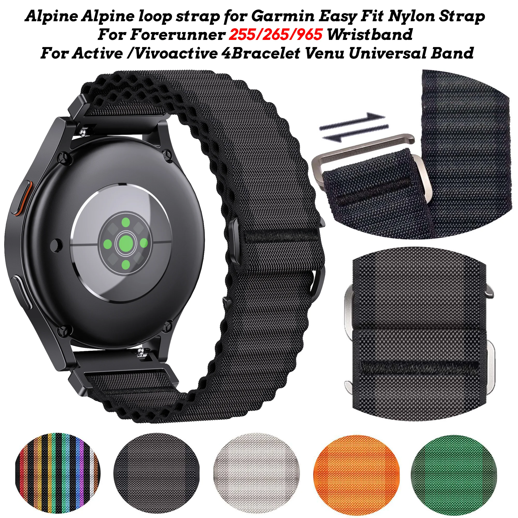 20 22mm for Garmin Easy Fit Nylon Strap For Forerunner 255/265/965Wristband For Active /Vivoactive 4Bracelet Venu Universal Band image 2