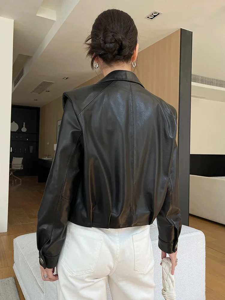 Cropped Black Genuine Leather Jacket for Women 2024 Trend Shoulder Pad Design High-end Simple Casual Real Sheepskin Coat