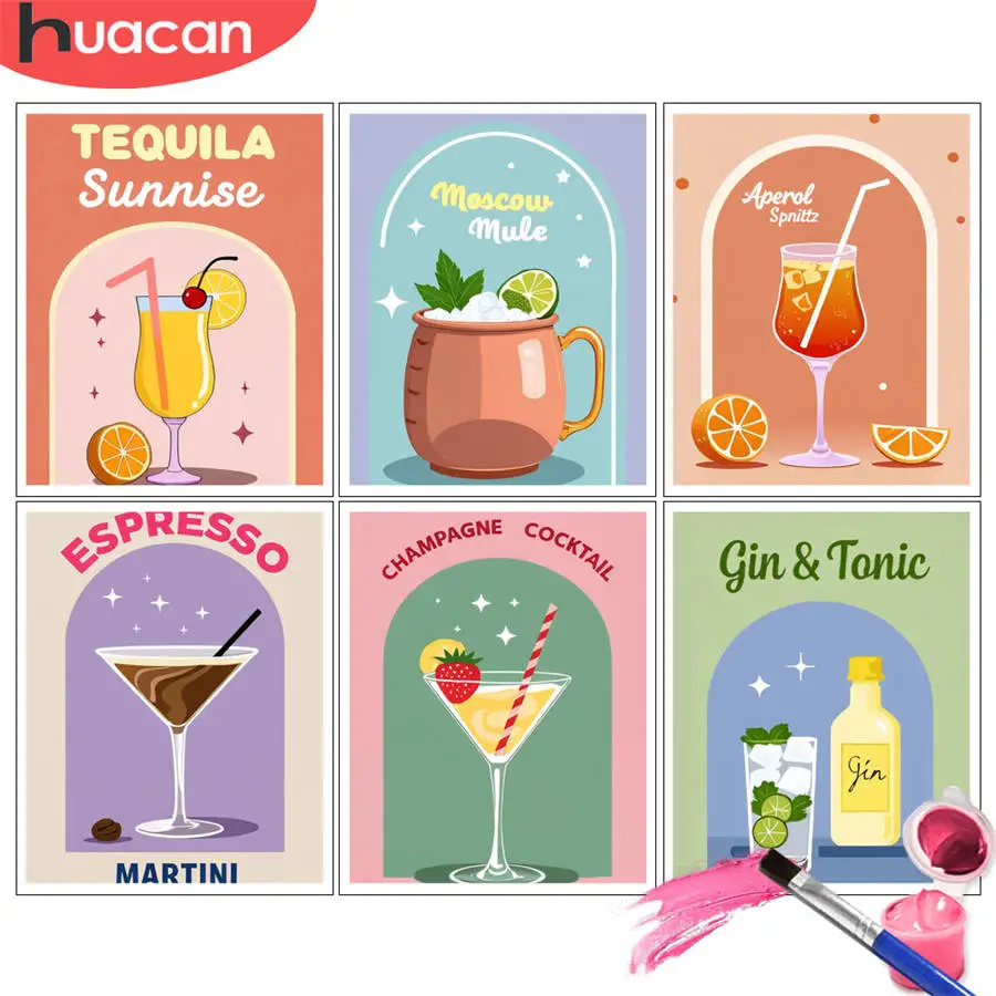 HUACAN Malen nach Zahlen, Kits, buntes Cocktailglas, Obstelemente, DIY-Ölgemälde, Lebensmittel, Kunsthandwerk, Handbemalung, Dekoration