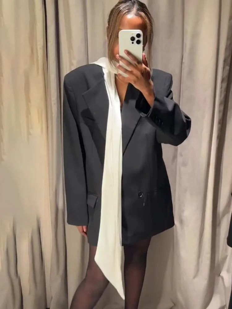 HH Cappotto blazer nero con design a bavero con tasca doppio petto moda donna cappotto da strada elegante allentato casual a maniche lunghe da donna