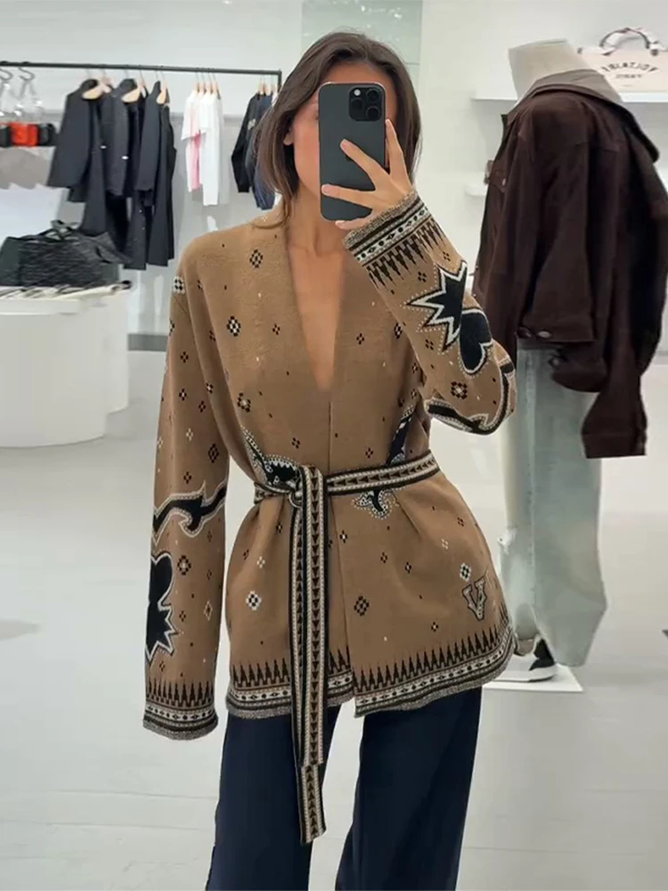 

Fashion Belts Jacquard Knitted Cardigan Women's Loose V-neck Long Sleeve Casual Coats 2026 Spring New Lady Elegant Outwear ﻿
