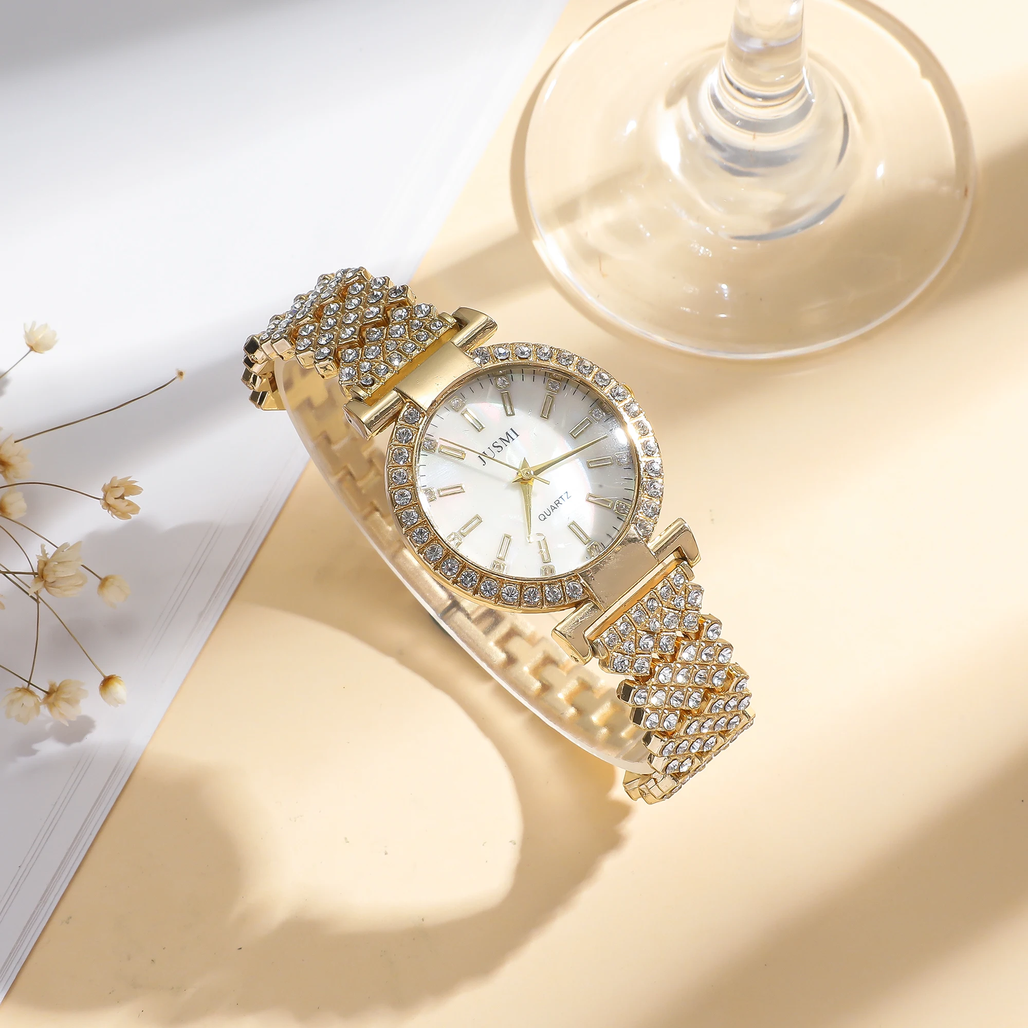قطعتان/مجموعة ساعات كوارتز بسيطة مستديرة مرصعة بالألماس للسيدات أطقم مجوهرات بسيطة مناسبة لهدايا العطلات