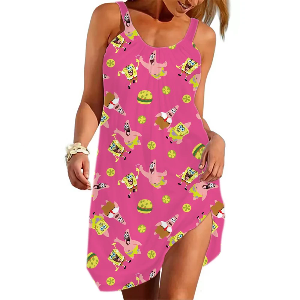 

Outdoor 2024 summer cute ladies dress latest style SpongeBob beach sling cartoon dress fashionable and comfortable casual dress