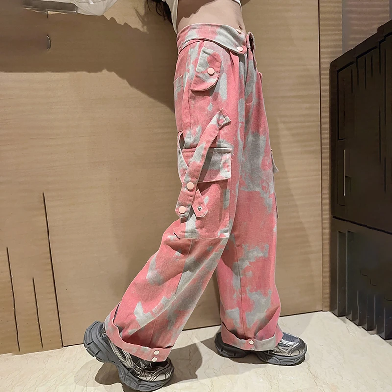 Calças de bolso com padrão camuflado, calças de streetwear para meninas adolescentes, moda coreana, primavera e outono, novidade, 2024