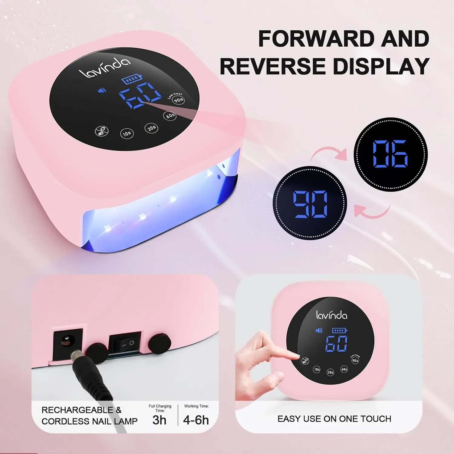 Lampe à ongles UV LED sans fil 54 W, lumière gel rechargeable avec minuterie et affichage pour usage domestique en salon en rose mat