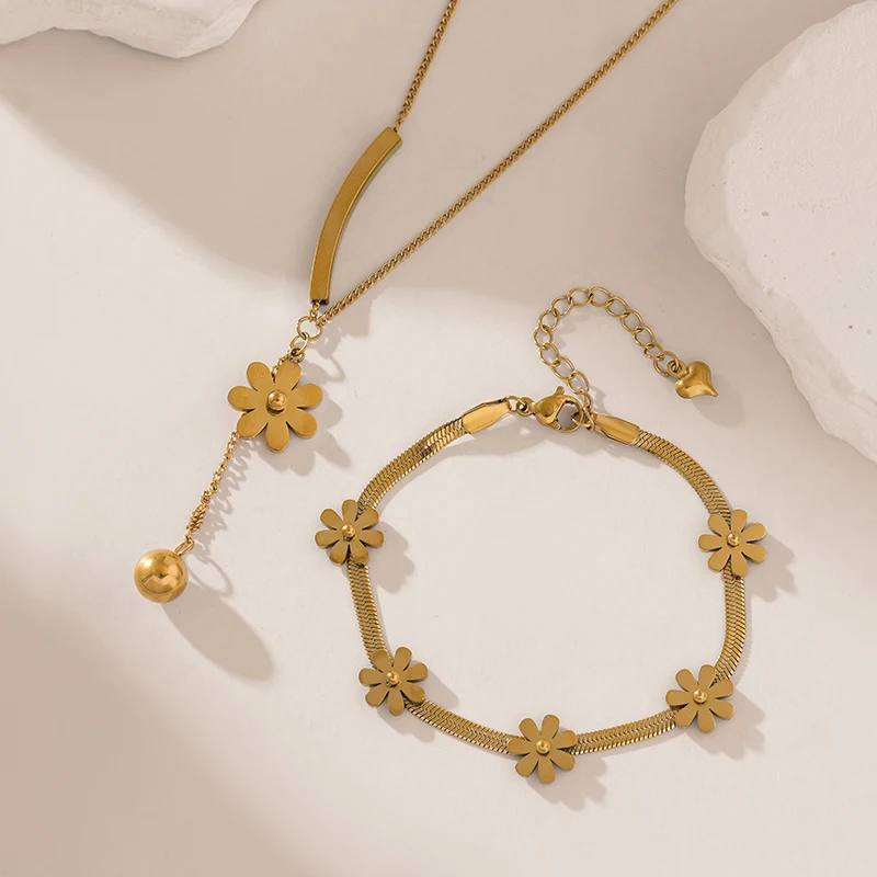 EILIECK 316L Edelstahl Goldfarben Blumen-Halskette Armband Trendy für Frauen Mädchen Neues Party-Geschenk Wasserdichtes Schmuckset – Detail 11