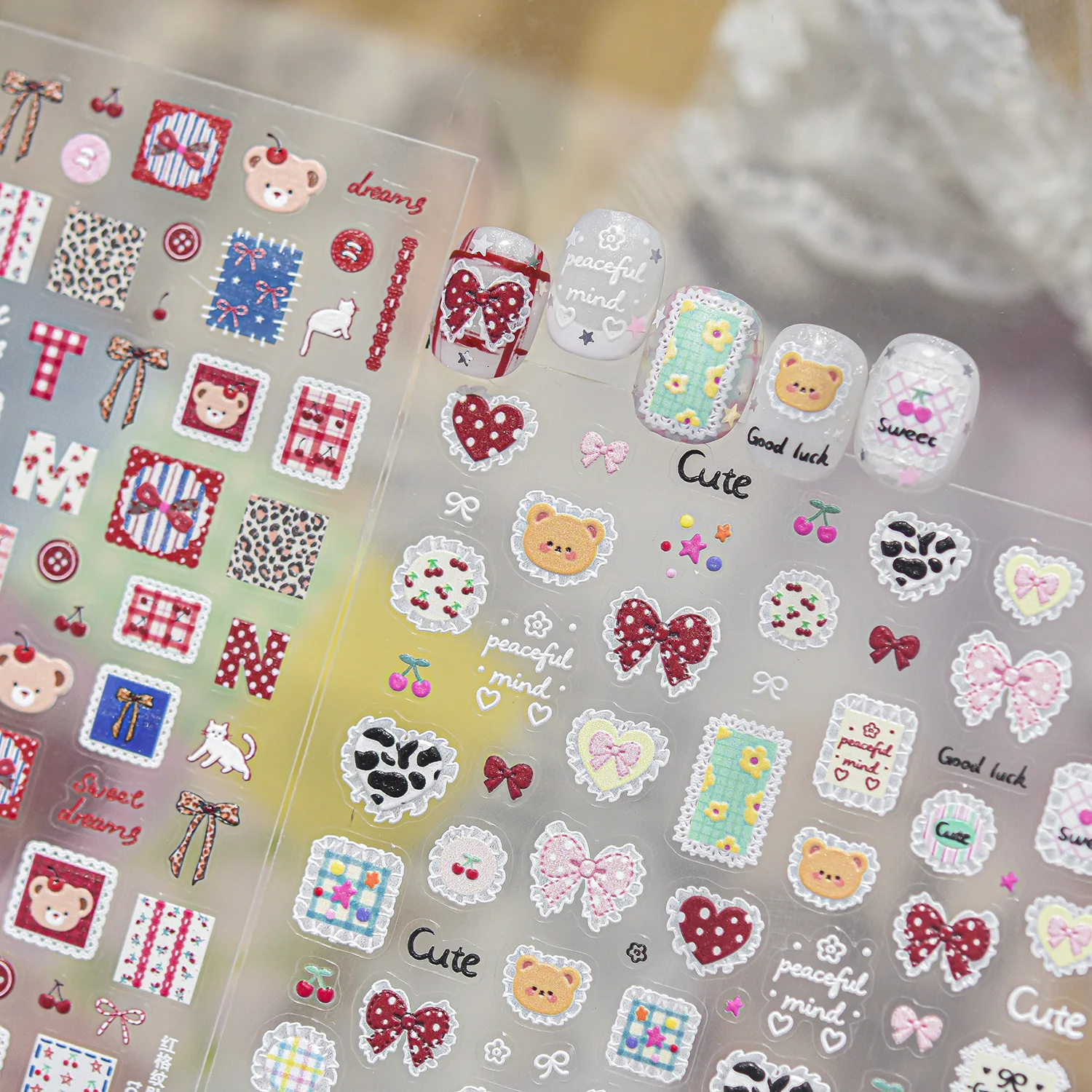 Sweet Lace Border Nail Decals Bear Bow Cherry Plaid Leopard Heart Design Self Adhesive Stickers Kawaii Daily Nail Art Ornament