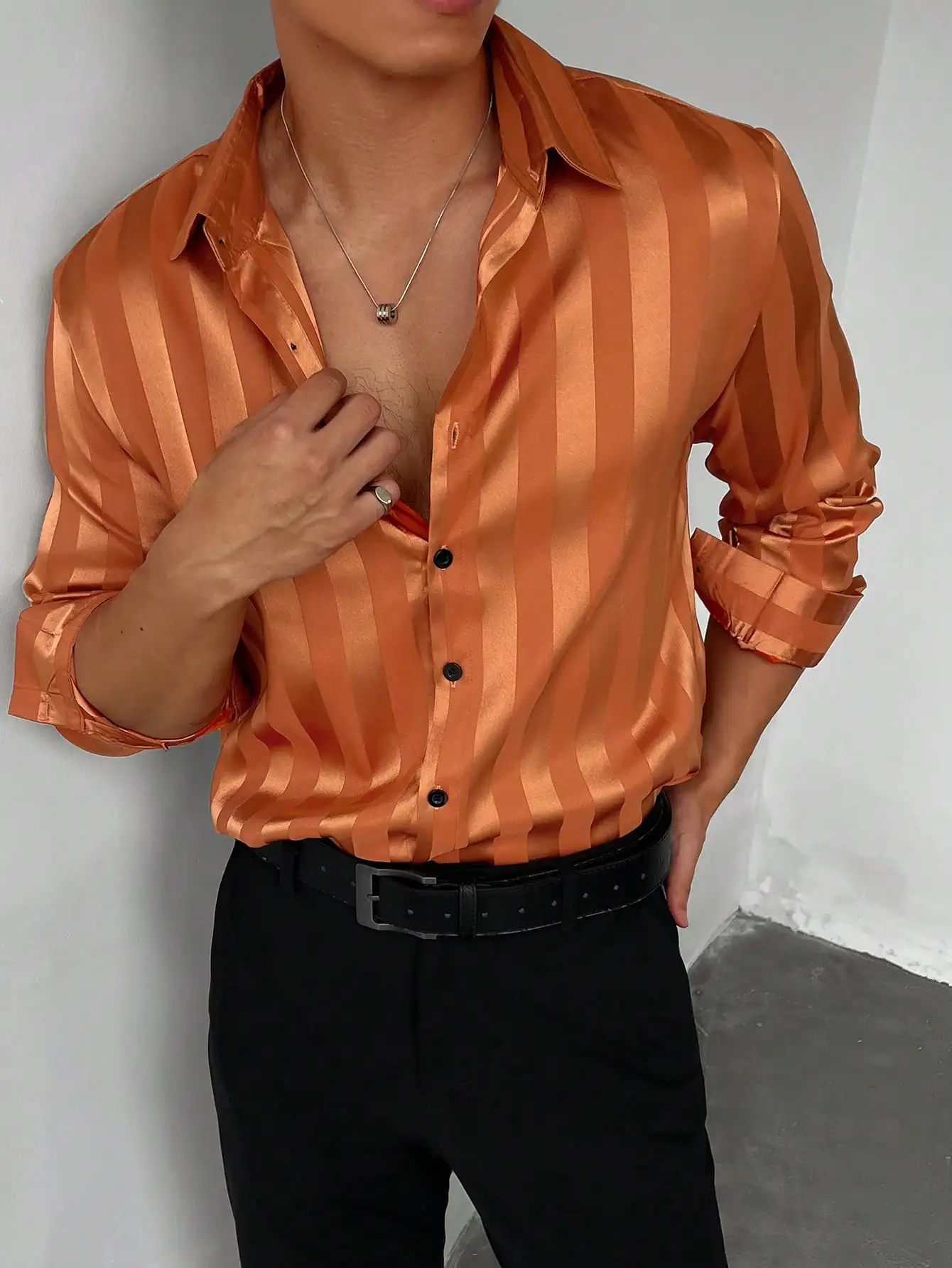 

Men's Satin Striped Button-Front Long Sleeve Casual Shirt - Orange