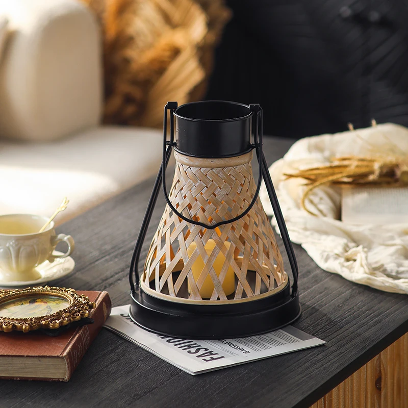 Boho Bamboo Candle Lantern, Woven Rattan Candle Holder, Rustic, Decorative Centerpiece, Black Handle, 43cm, Home Decor
