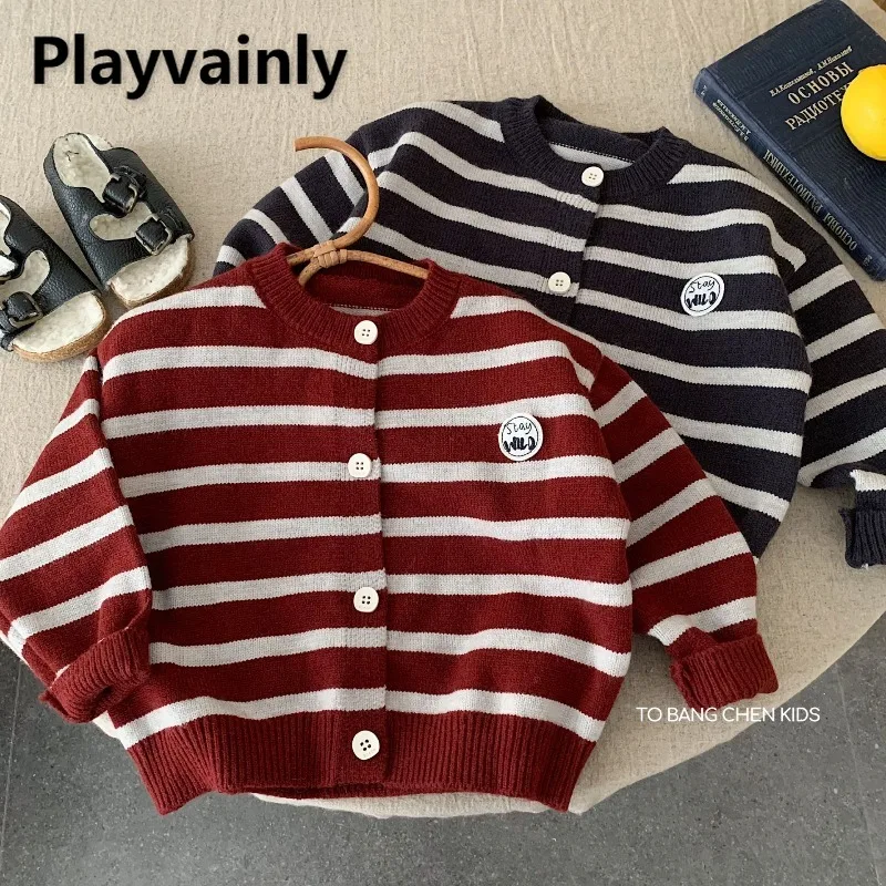 

korean style autumn winter children Sweaters coats red grey stripe long sleeve Single Breasted Cardigan kids Knitted tops Y0123