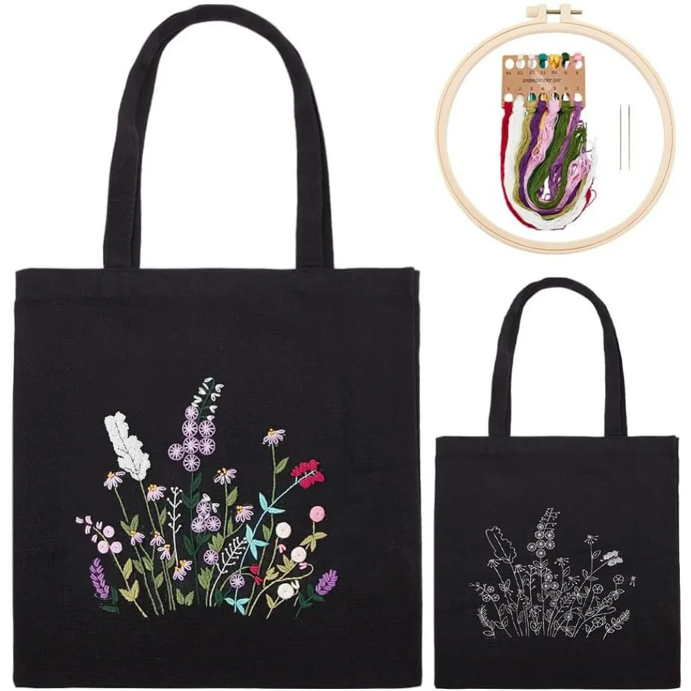 DIY Canvas Tote Bag Embroidery Kit, Black Personalized Canvas Bag Kit Flower Cross Stitch Kit with Pattern DIY Crafts