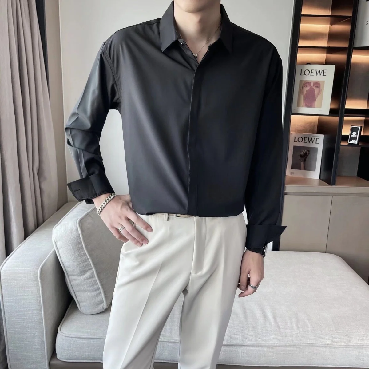 

Advanced White Long Sve Мужская irt Casual Pure Color Busin Casual Sle Полиэфирная ткань Four Seasons Универсальная