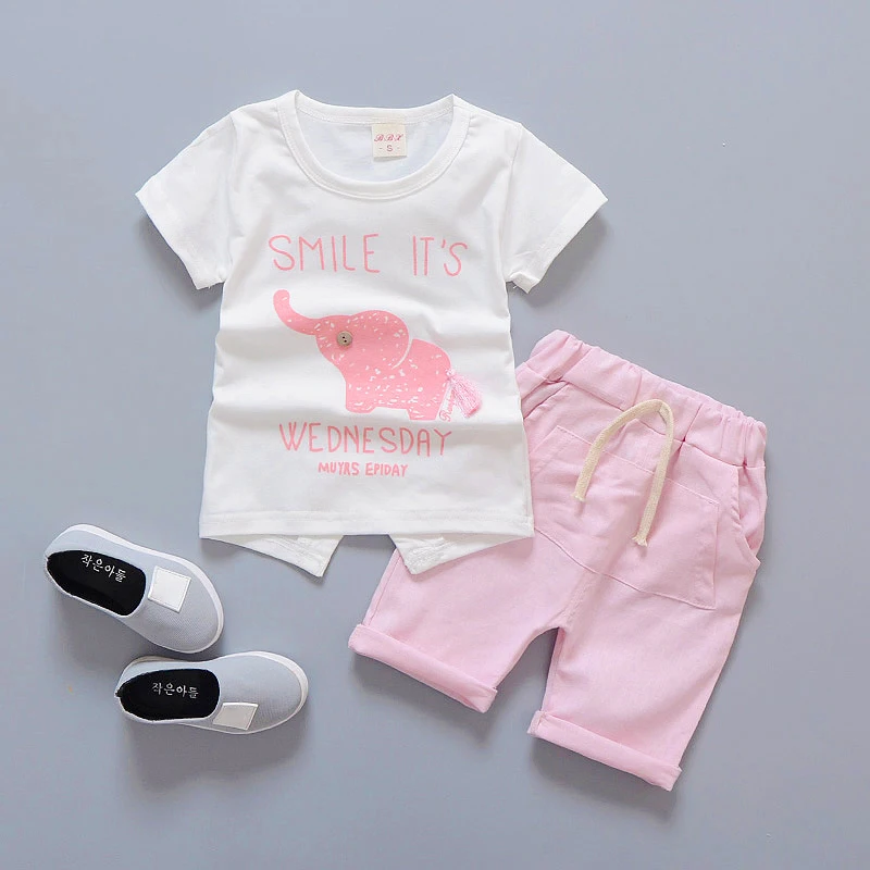 6 9 12 18 24 36 Months Baby Boys Clothing Sets Cartoon Elephant Summer Cotton Top And Shorts Princess Girls Suits Kids Clothes