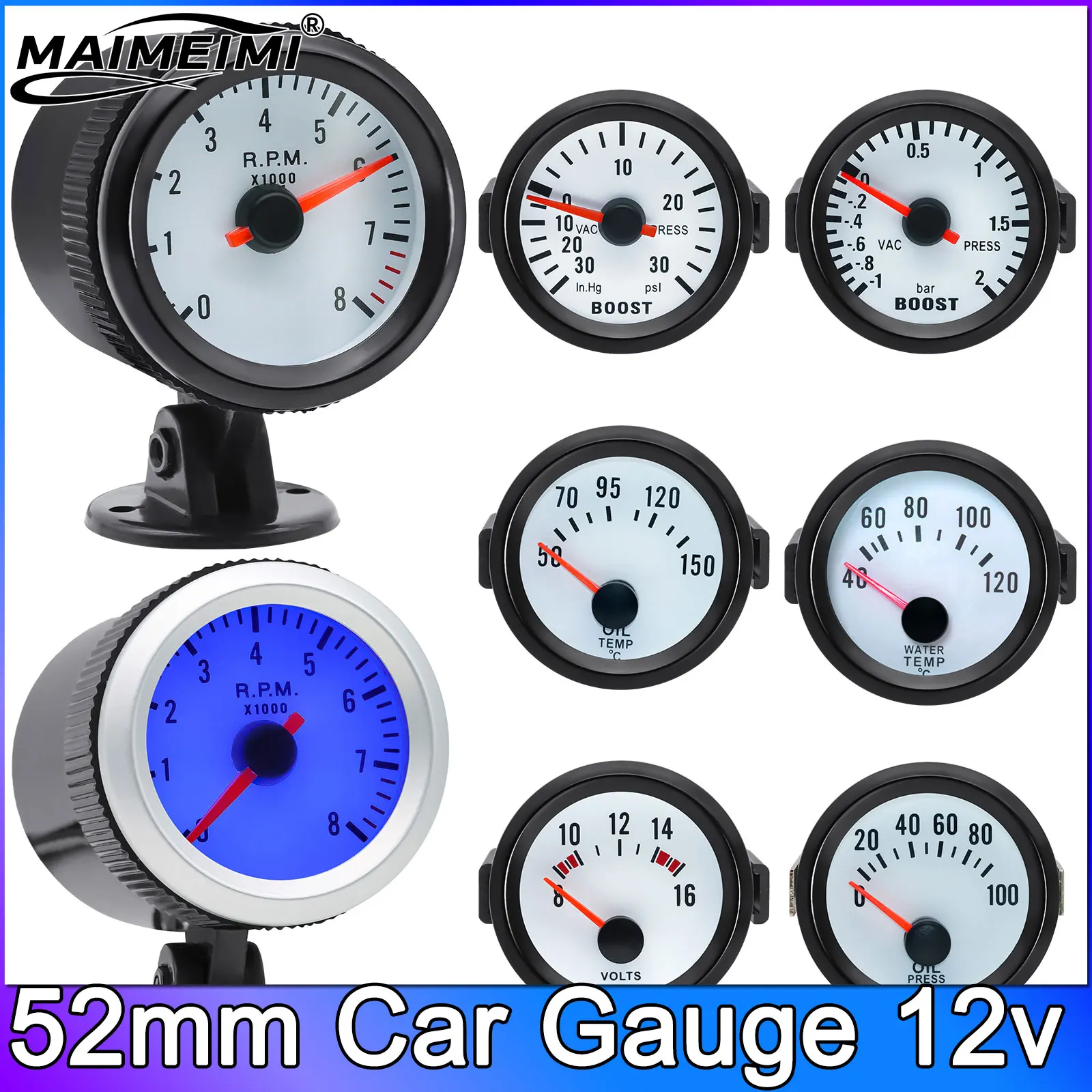 Manômetro de Pressão do Turbo de 52mm, Medidor de Temperatura do Óleo, Medidor de Pressão do Ar, Medidor de Combustível, Voltímetro, Tacômetro, Medidor de Temperatura da Água + Sensor