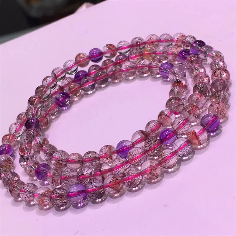 6MM Natural Super Seven Quartz Triple Circle Bracelet Charms Handmade Fortune Energy Bangle Mineral Woman Amulet Jewelry Gift