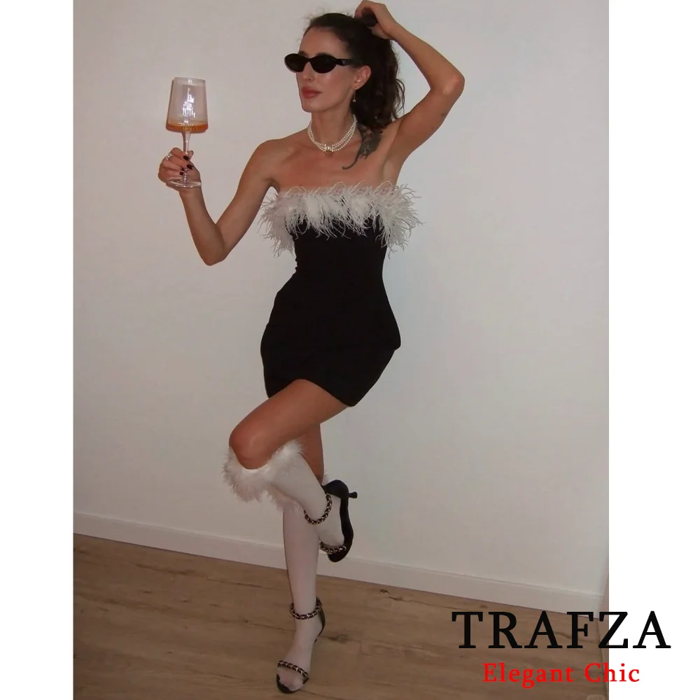 TRAFZA Women Sexy Feathers Strapless Feathers  Black Slim Dress New 2024 Spring Summer Fashion Dinner Slim Party Dress