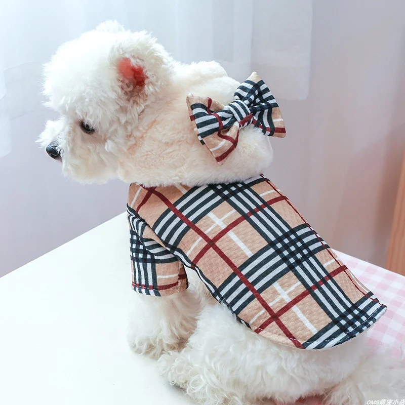 1PC pet clothing winter velvet thick bow coffee plaid cotton jacket suitable for small and medium-sized dogs