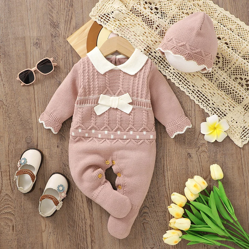 

Infant Girls Rompers Hats Clothes Autumn Winter Pink Long Sleeves Knit Newborn Jumpsuits Outfits 0-18m Toddler Outwear Playsuits