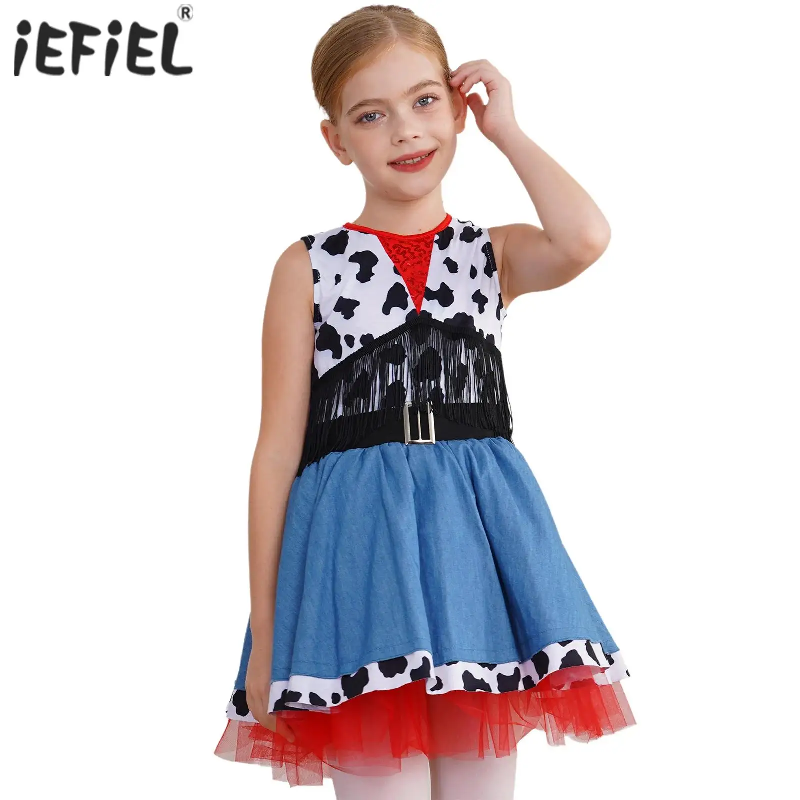 Kids Girl Western Cowgirl Costume Halloween Cosplay Outfits Sleeveless Cow Print Fringe Dress Dress Up Themed Party Costume