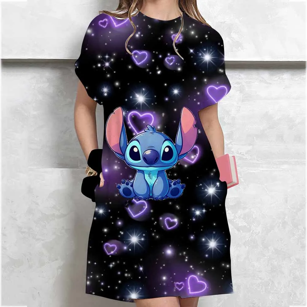 Label Size Women's Summer Casual Short Sleeve T-Shirt Dresses Nightgowns Casual O Neck Disney Stitch print White Dresses New Wo