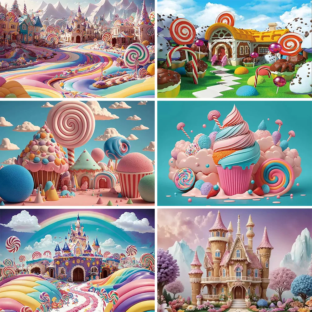 Girls Rainbow Dream Castle Children's Cartoon Candy House Cute Background Happy Birthday Party Banner Photography Props