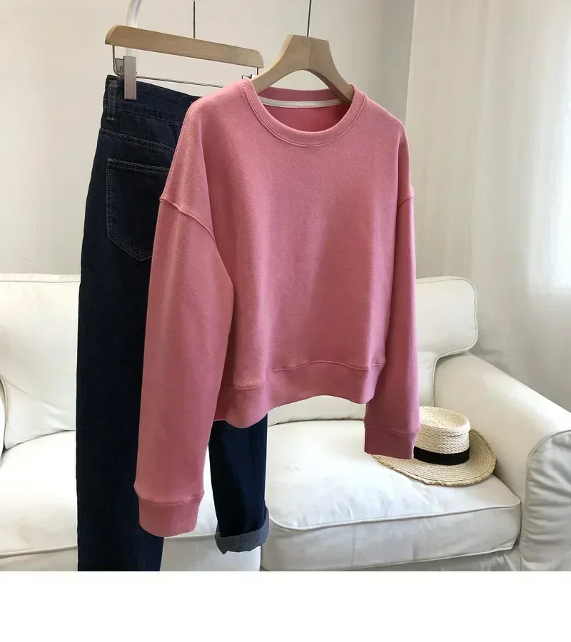 Sweater yoga lengan panjang wanita, pakaian kebugaran lengan panjang kasual leher bulat pendek musim gugur dan musim dingin baru hangat dan longgar