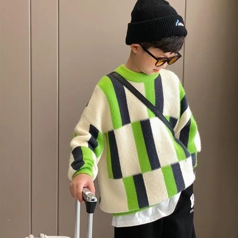 

Boys' Autumn Winter Fashion Round Neck Pullover Long Sleeved Linen Casual Versatile Fashionable Kids Children's Clothing Tops