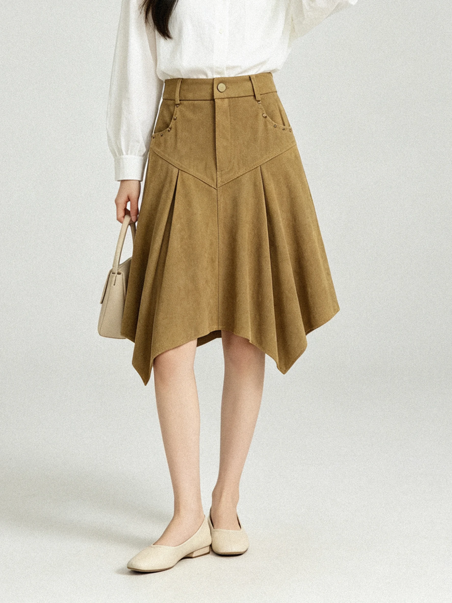 High Waist Suede Skirt Elastic Waist Asymmetrical Korean Style Half Body Skirt Early Autumn Midi Skirt Atmosphere Feeling