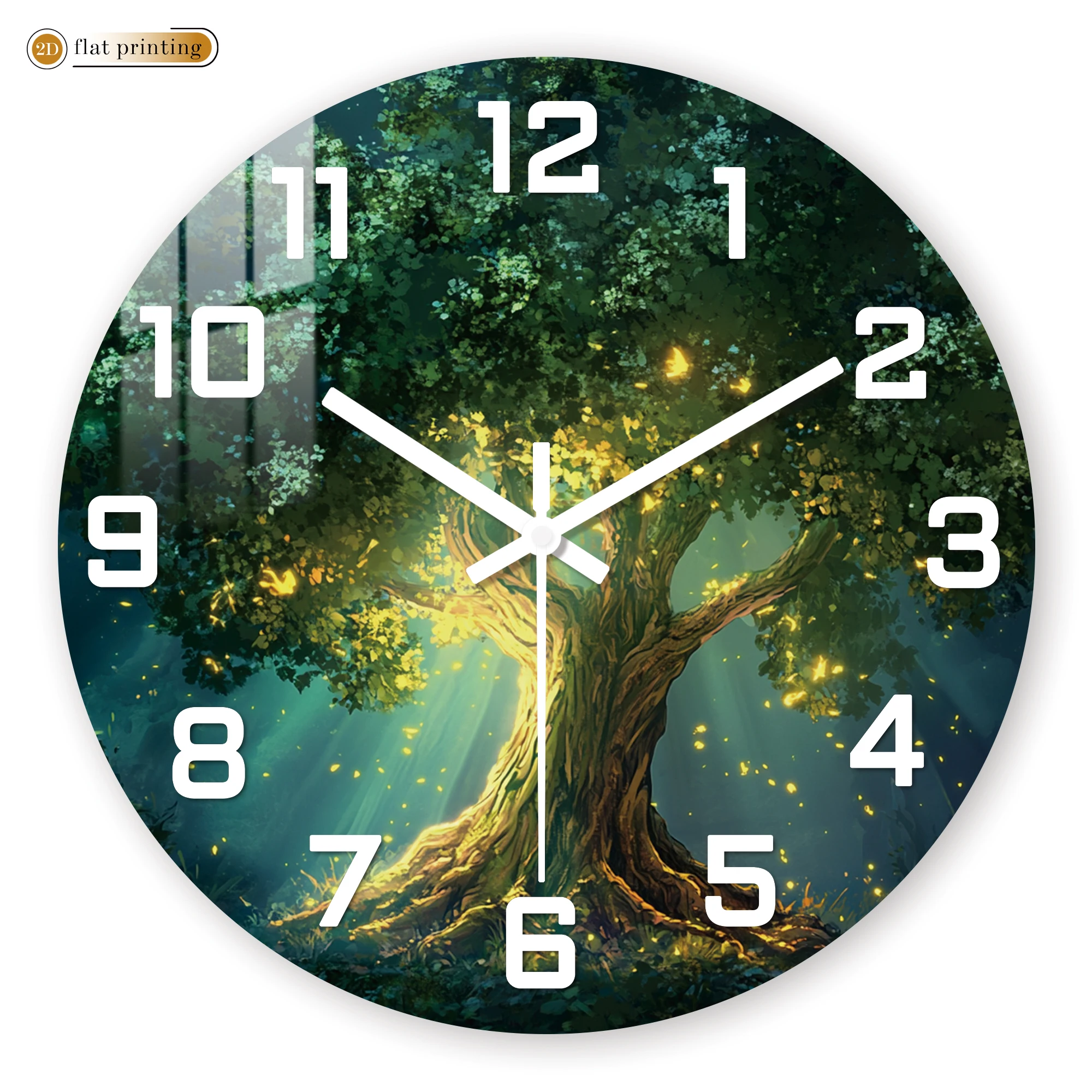 Verzauberte leuchtende Baum-Wanduhr – Fantasy Forest 2D-flachdruckter runder Zeitmesser – leise, nicht tickende dekorative Wanduhr