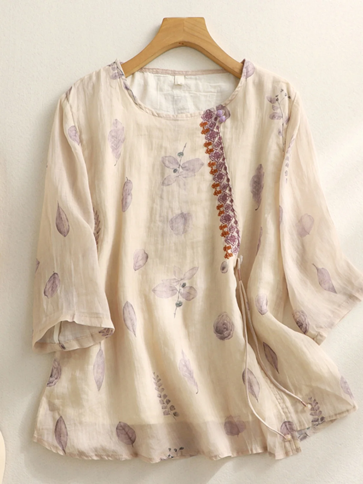 Rétro brodé coton lin irt grande taille femmes été rond Ne asymétrique imprimé fleuri haut aérien Svel