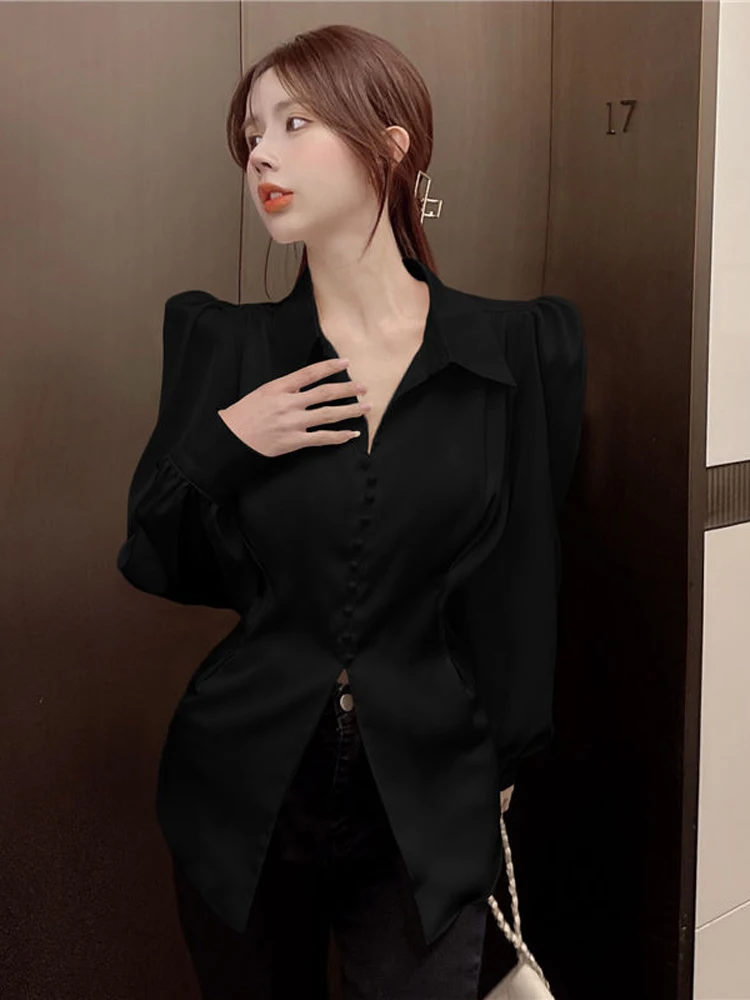 Zoki Women Back Bow Elegant Puff Sleeve Shirt Fashion Slim Office Lady Casual Blouse Korean Hollow Out Turn Down Collar Tops