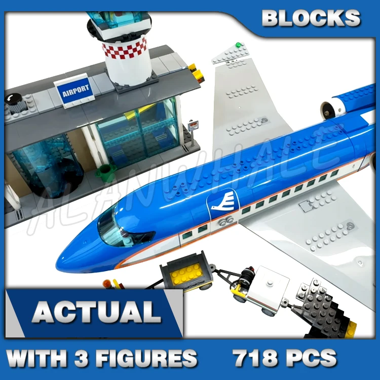 

718 шт., пассажирский терминальный самолет, мобильная лестница, топливный прицеп 02043, комплект строительных блоков, кирпич, совместимый с моделью