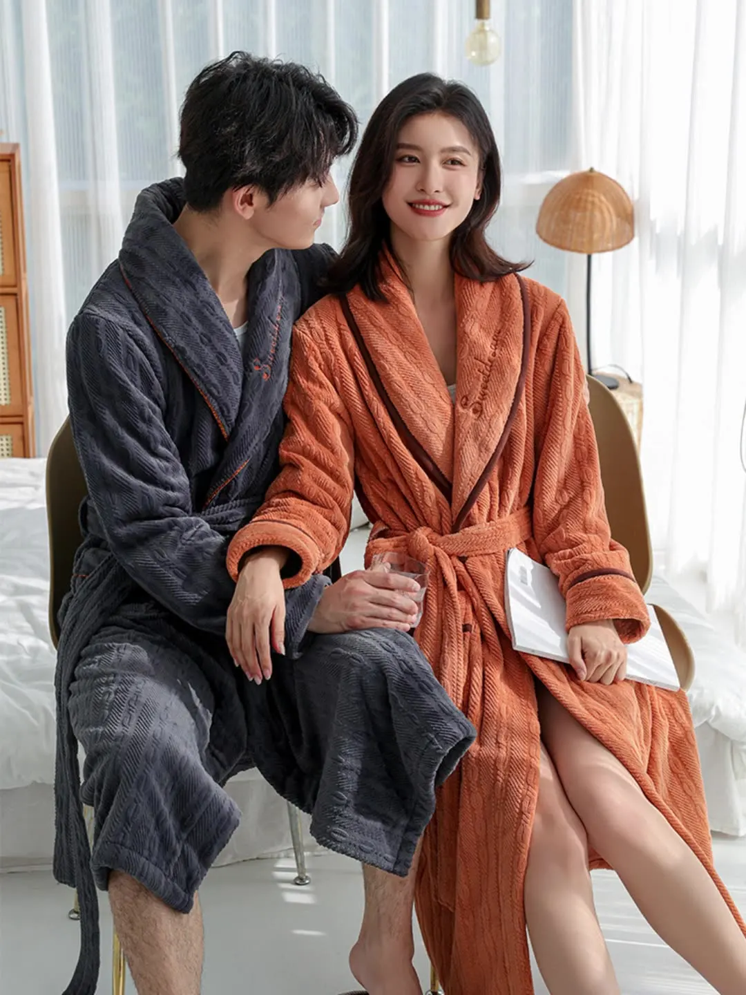 Winter Thick Robe Set Couples Sleepwear Warm Flannel Bathrobe With Pants Long Sleeve Nightgown Kimono Bath Gown Thick Peignoirs