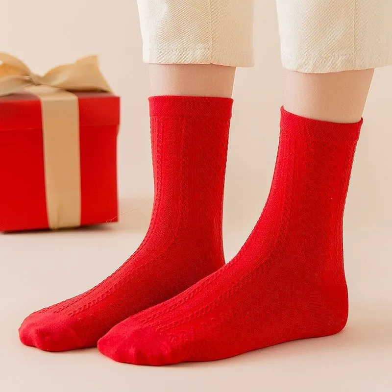 1/5 Paar rote lange Damensocken, modischer chinesischer Neujahrsstil, Diamantgitter-Textur, weich, bequem, für alle Jahreszeiten, lässige Socken – Detail 3