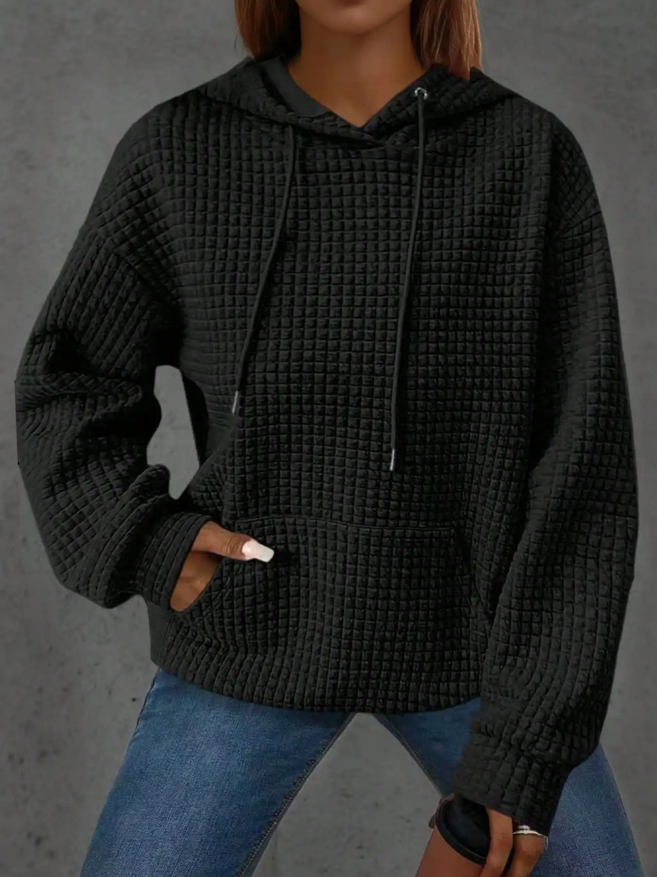 

Women's Relaxed Fit Waffle Knit Hoodie with Front Pockets and Drawstring Hood