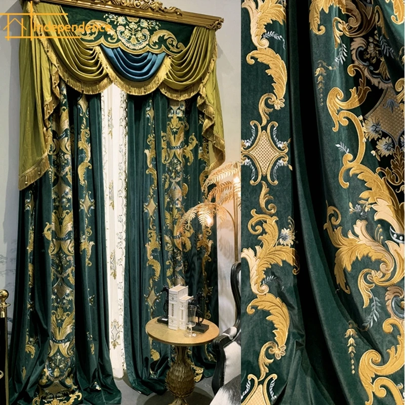 Customized Dark Green Embroidered Window Screen Velvet Splicing Thickened Curtains for Living Room Bedroom French Window Balcony