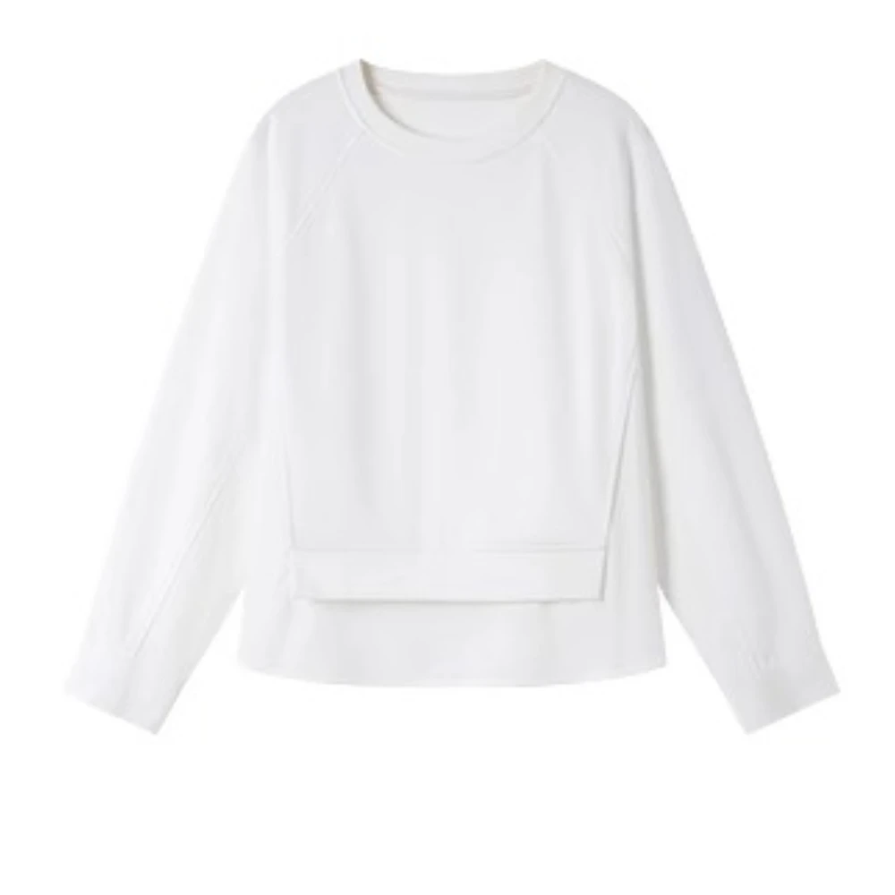 VIMLY White Sweatshirt Woman Long Sleeve Tops Hem Splicing 2025 Spring Autumn Cotton Loose Crew Neck Top Female Clothes A0308