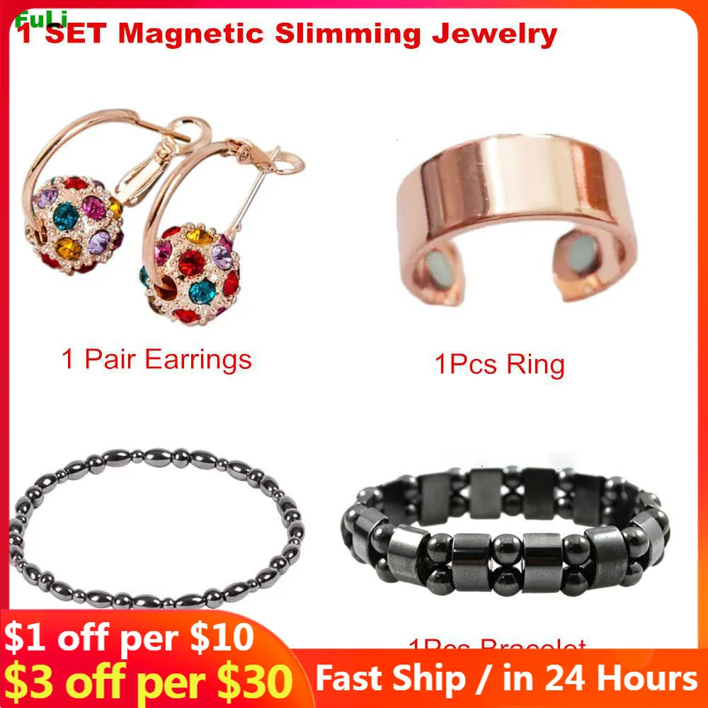 4pcs/Set Magnetic Therapy Slimming Earring Bracelet Ring Lose Weight Body Relaxation Massage Slim Ear Studs Patch Health Jewelry