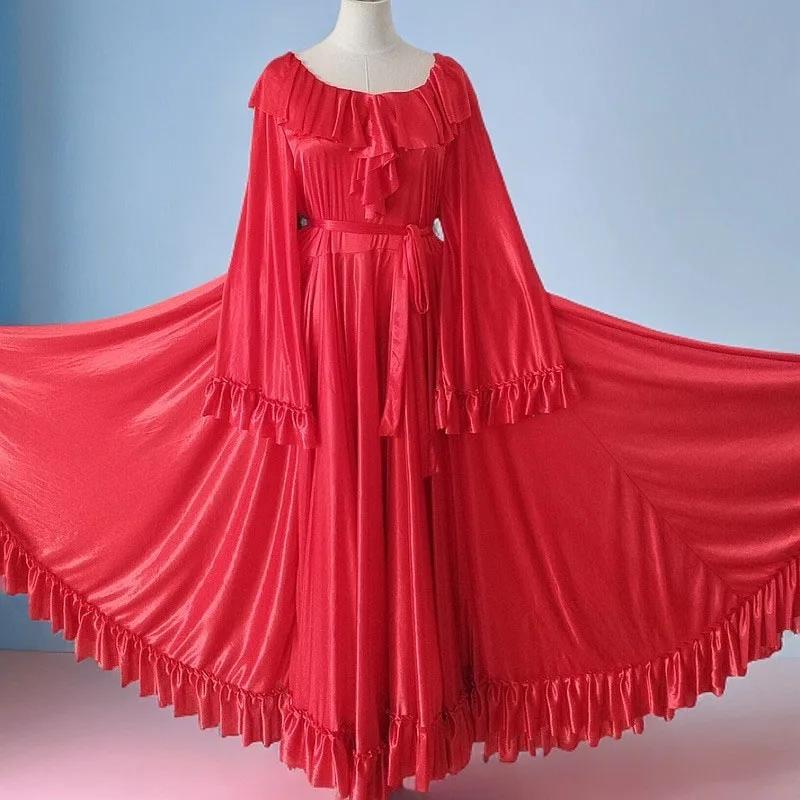 

Men Women Sexy Glossy Ruffles Satin Long Sleeve Dress With Sash Oversized Skirt Hem Loose Maxi Dress Plus Size Sleeping Robe