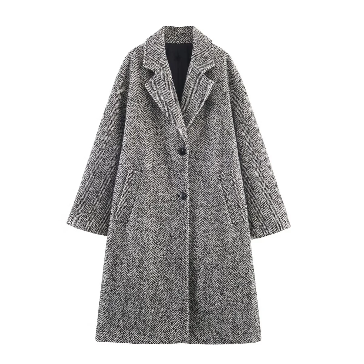 

2025 Autumn New Women's Casual Fashionable Loose Herringbone Double-Breasted Lapel Long Sleeve Wool Coat