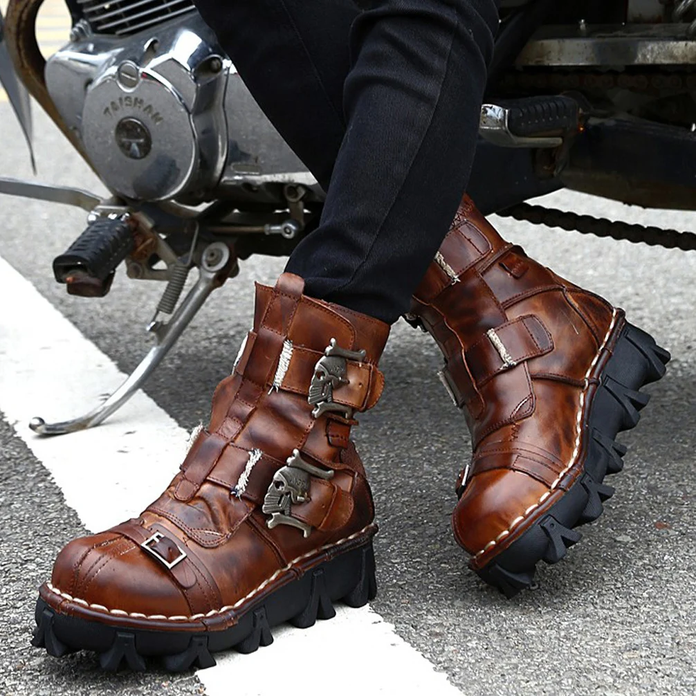 New Men\'s Genuine Leather Motorcycle Boots Tactical Combat Boots Mid-calf Gothic Skull Boots Red Punk Cowboy Boots Buckle Strap