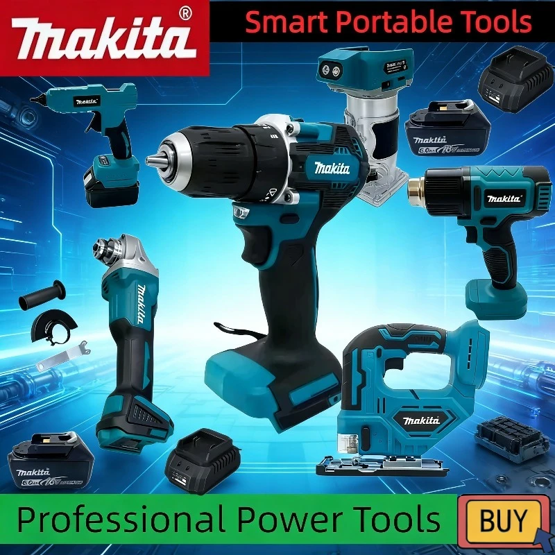 

Многофункциональный набор инструментов Makita: угловая шлифовальная машина, электрическая цепная пила, воздушный насос, термоклеевой пистолет, отрезная пила.