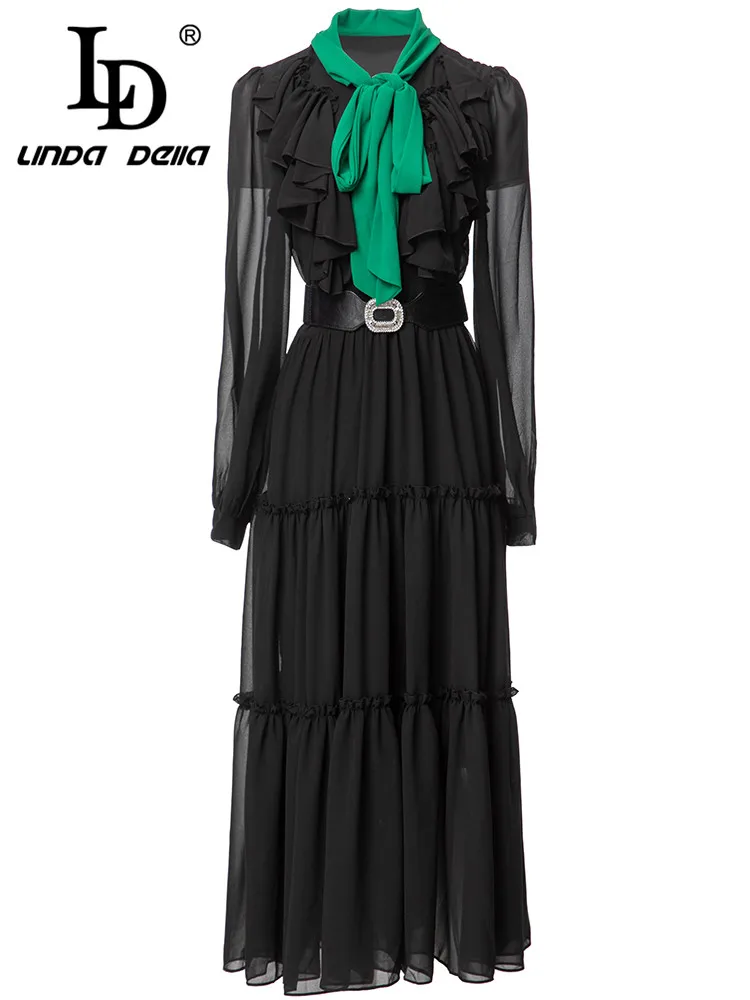 

LD LINDA DELLA Fashion Runway Spring Dress Women's Green Bow Lantern Sleeve sashes black long dresses