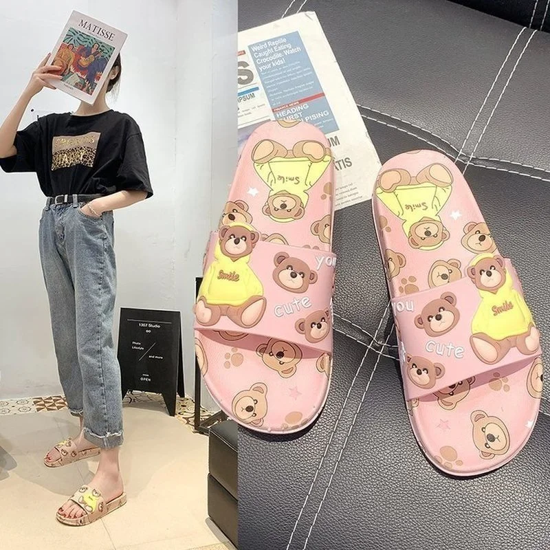 Comemore Women Slippers Open Toe Cute Cartoon Bear Stylish Soft Comfort Non-Slip Bathroom Summer 2cm High Heels 2023 New Shoes