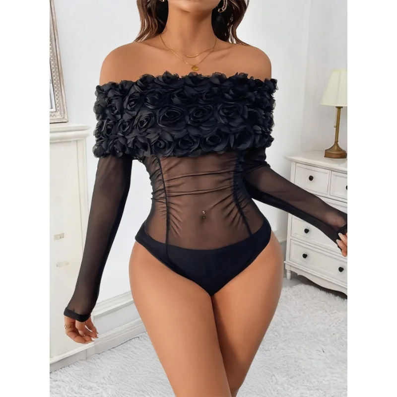 حفلة جديدة مثيرة شفافة شبكة خارج الكتف ثلاثي الأبعاد زهرة بلون ارتداءها #5