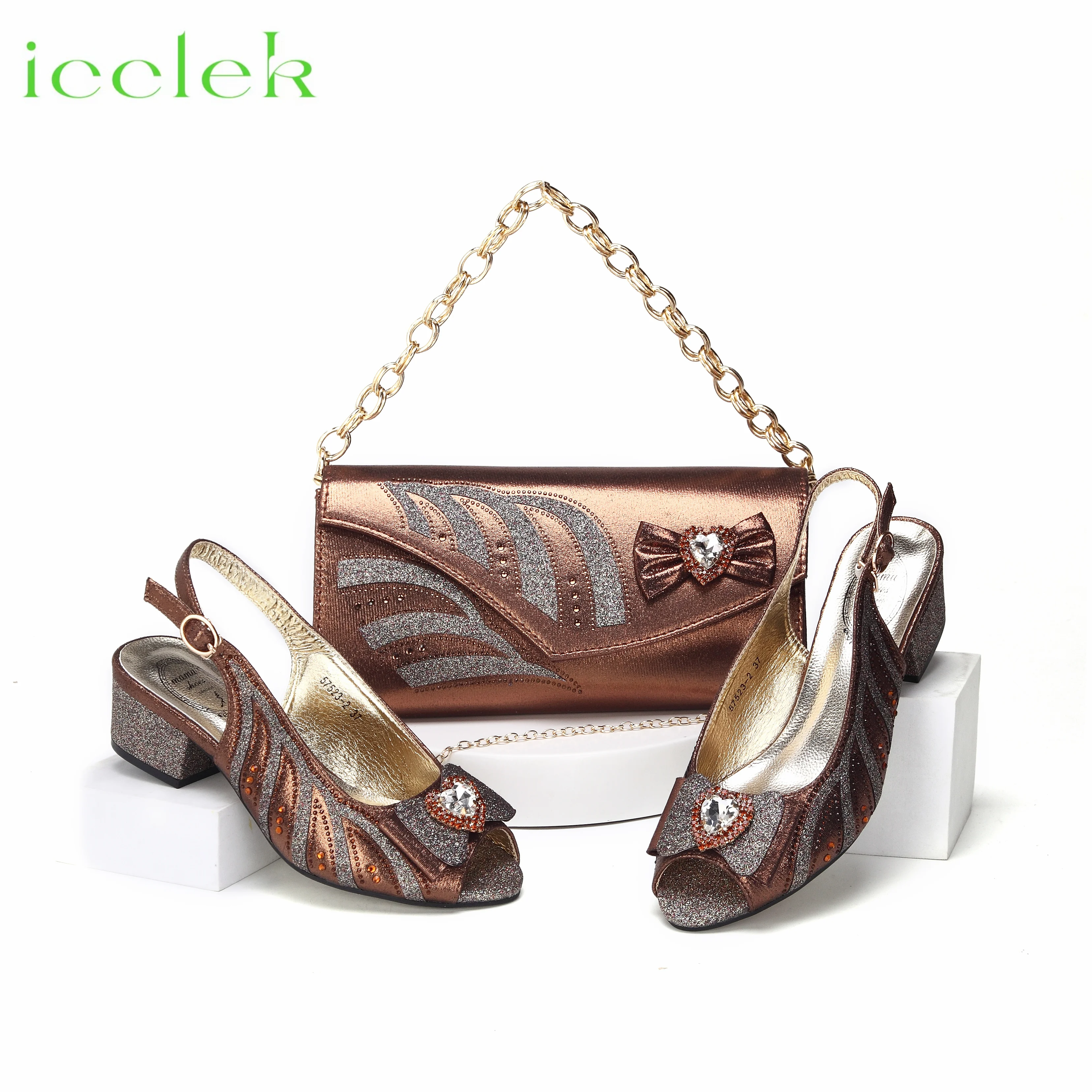 2024 Pouplar Coffee Color Low Heels Rhinestones Design Ladies Shoes Matching Bag Set For Wedding Party